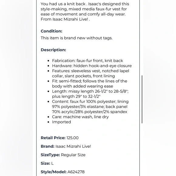 NWOT Isaac Mizrahi Live! Women's Jacket Mixed Media Faux-Fur Vest Black - Picture 2 of 9